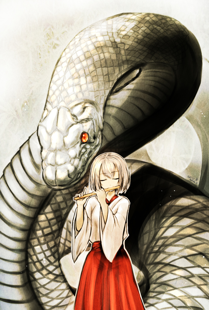 blonde_hair, closed_eyes, dated, eyes_closed, flute, giant_snake, highres, instrument, japanese_clothes, kotoba_noriaki, miko, original, short_hair, signature, snake, solo