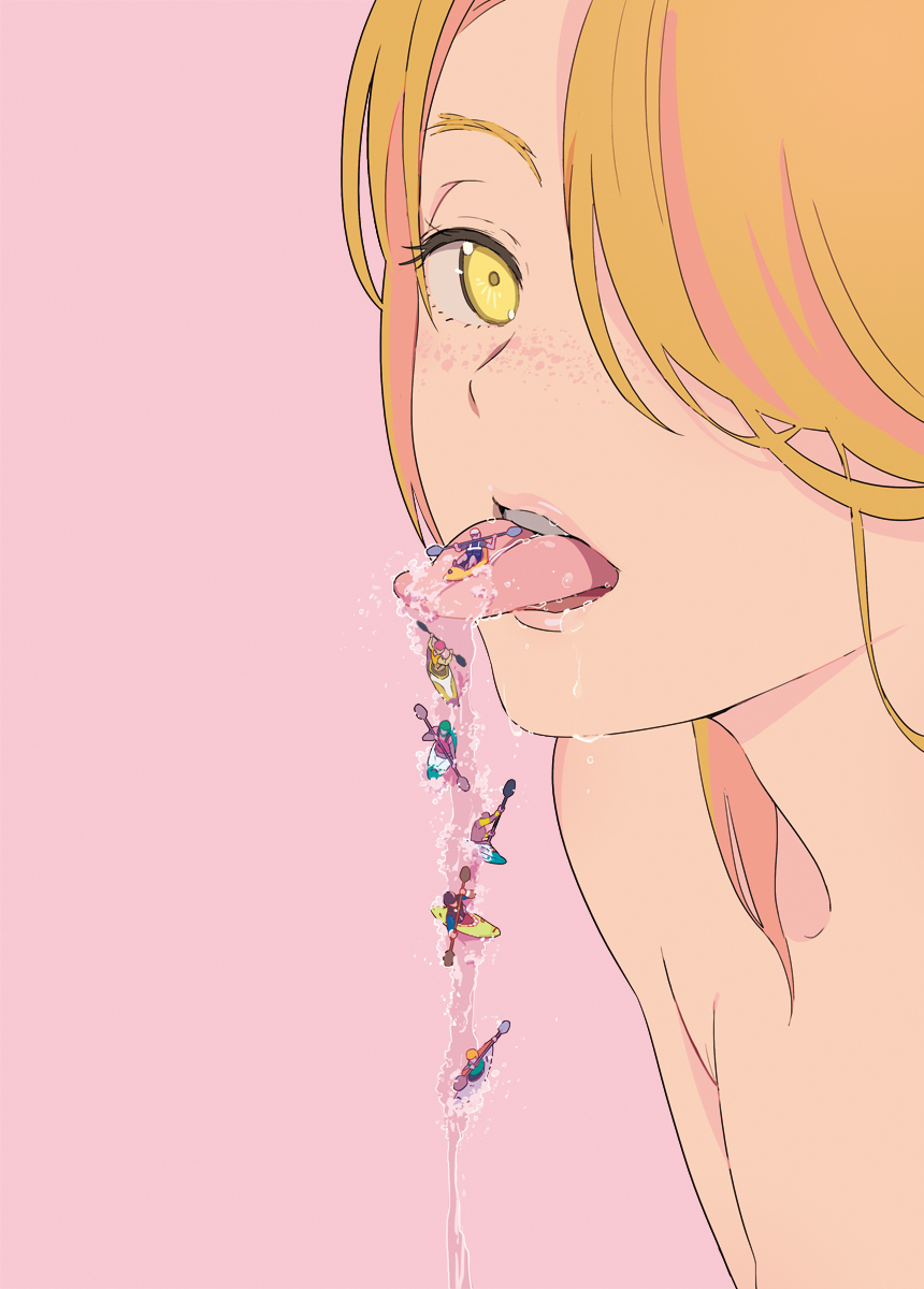 blonde_hair, freckles, giantess, hair_over_one_eye, highres, kayak, long_hair, looking_at_viewer, mebae, open_mouth, original, pink_background, saliva, saliva_trail, simple_background, surreal, tongue, tongue_out, yellow_eyes