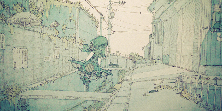 bag, flying, from_behind, gracile, hover_bike, kneehighs, long_hair, millipen_(medium), mushroom, muted_color, original, overgrown, power_lines, shoulder_bag, skirt, skirt_lift, telephone_pole, town, traditional_media, watercolor_(medium)
