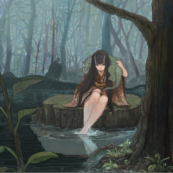 barefoot, black_hair, donipo, feet_in_water, forest, horns, iguana_(animal), japanese_clothes, kimono, long_hair, looking_at_viewer, nature, oni, original, sitting, soaking_feet, solo, tree, water