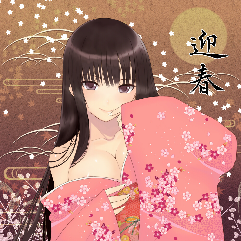 black_hair, blush, breasts, cleavage, japanese_clothes, kamimiya, long_hair, looking_at_viewer, original, purple_eyes, smile, solo, traditional_clothes, violet_eyes
