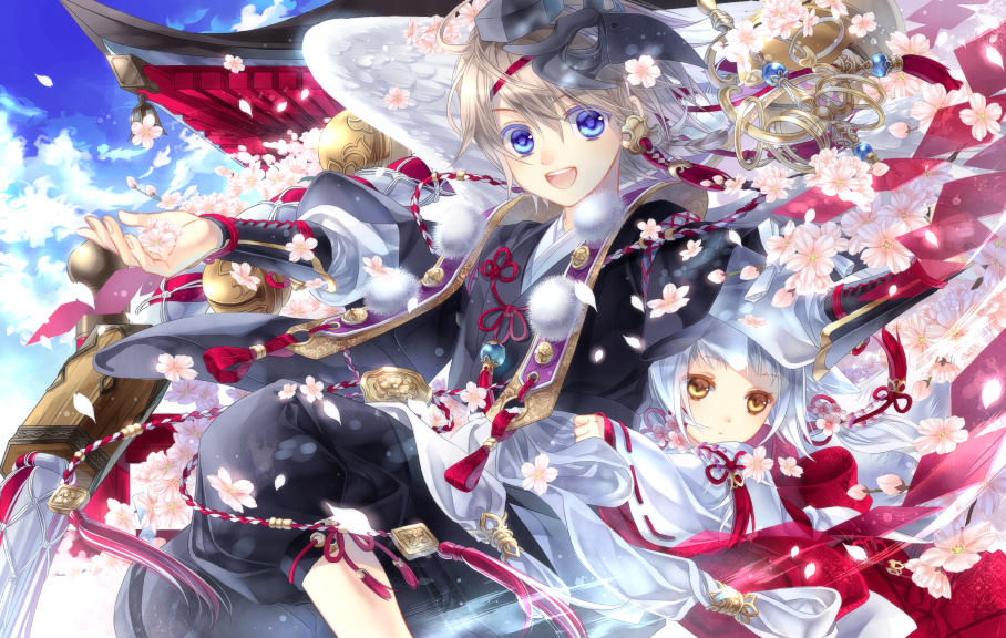 1girl, animal_ears, blue_eyes, flower, hair_ornament, hat, hug, long_hair