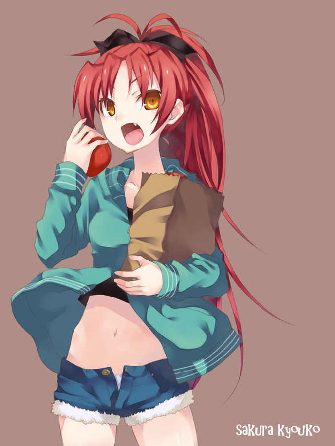 alternate_eye_color, apple, bag, belly, bow, brown_background, character_name, eating