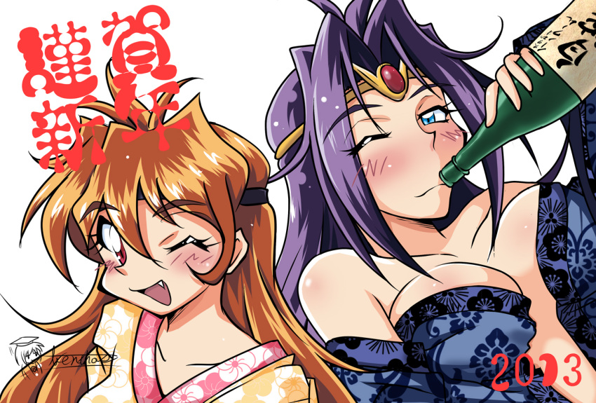 2girls, ahoge, bentoss_detritus, blue_eyes, blush, breasts, circlet, cleavage