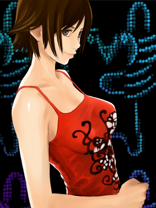 breasts, brown_eyes, brown_hair, camisole, casual, hawk_(artist), hawk_(cwmg), kazama_asuka