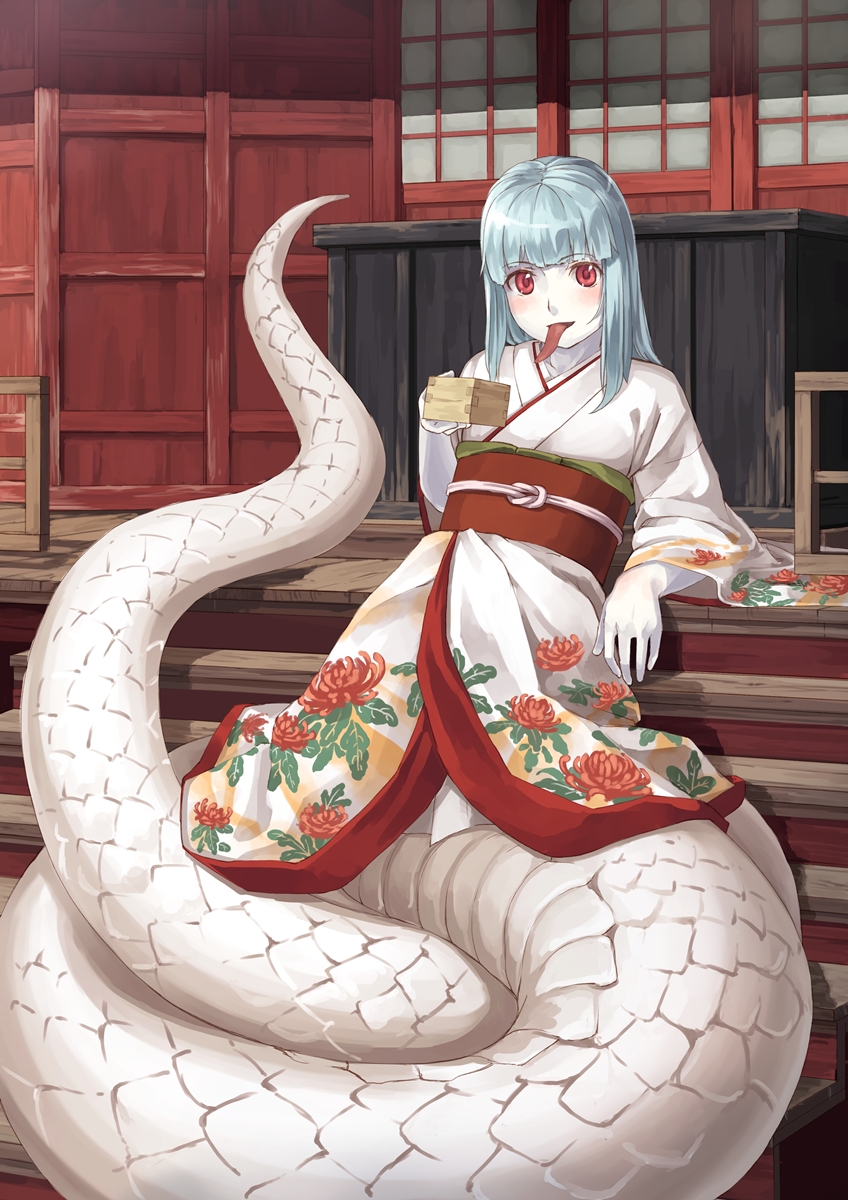 1girl, blue_hair, blush, bottomless, box, donation_box, eichisu, forked_tongue