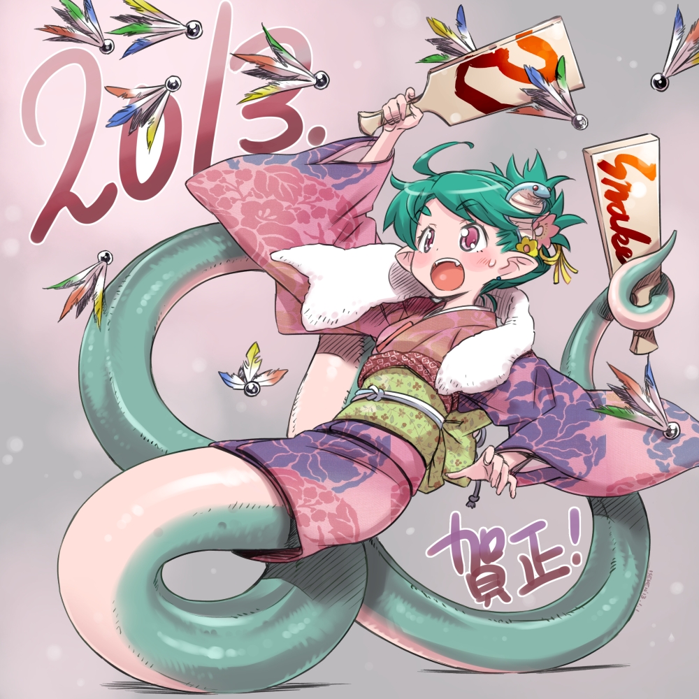 2013, blush, brown_eyes, green_hair, hagoita, hair_ornament, hanetsuki, isedaichi_ken