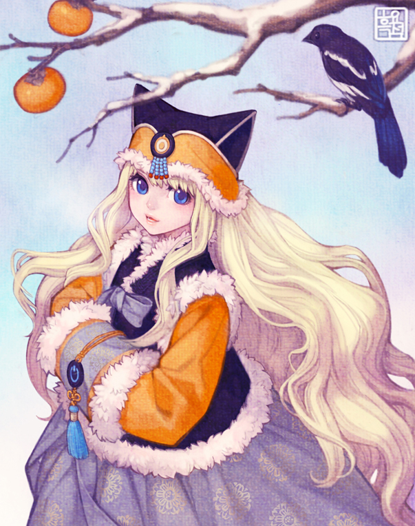 animal_ears, bird, blonde_hair, blue_eyes, bonnet, coat, long_hair, looking_at_viewer, magpie, obsidian24, seeu, skirt, smile, solo, vocaloid, winter