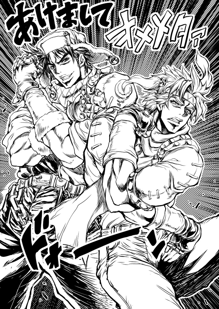 bomber_hat, caesar_anthonio_zeppeli, fingerless_gloves, gloves, greyscale, hat, headband, jacket, jojo_no_kimyou_na_bouken, joseph_joestar_(young), manly, monochrome, multiple_boys, musashino_sekai, muscle, posing, scarf, tuque