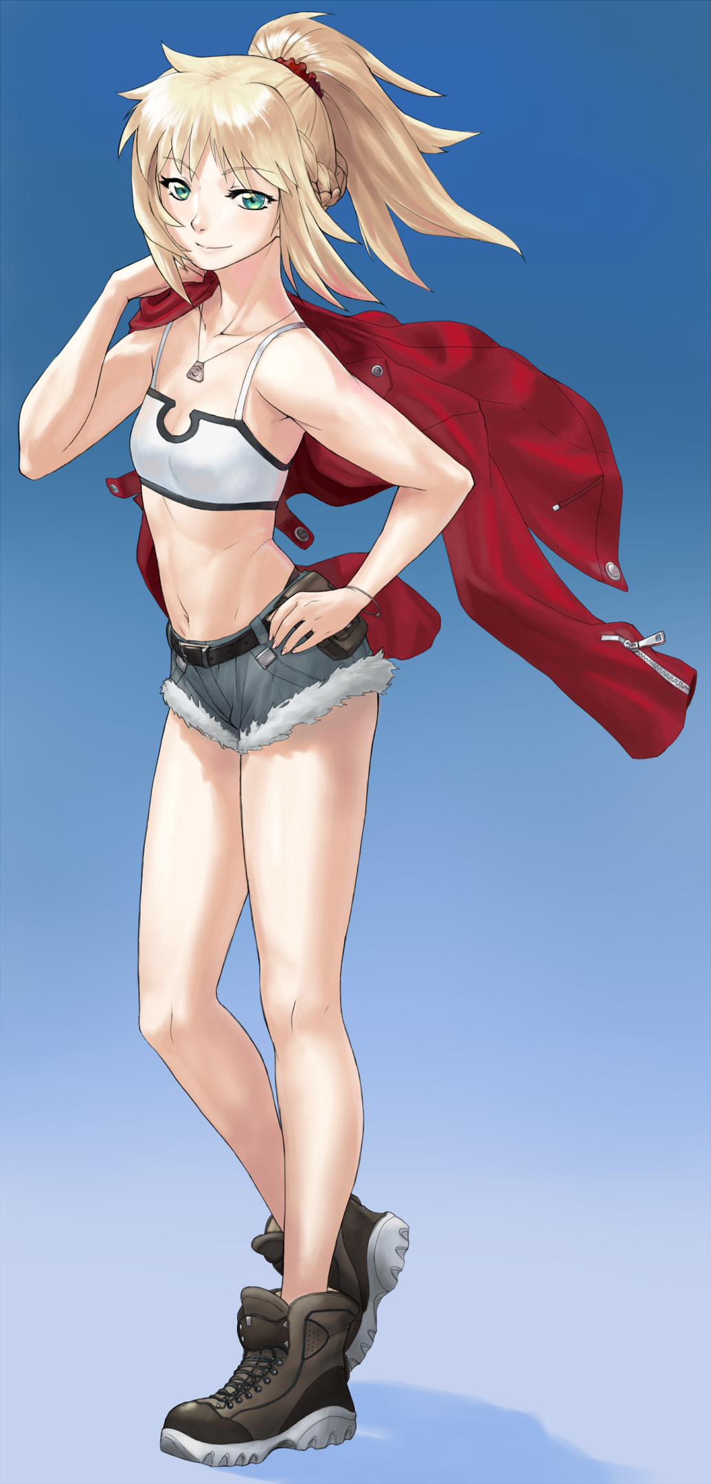 blonde_hair, braid, camisole, denim, denim_shorts, eriance, fate/apocrypha, fate_(series)