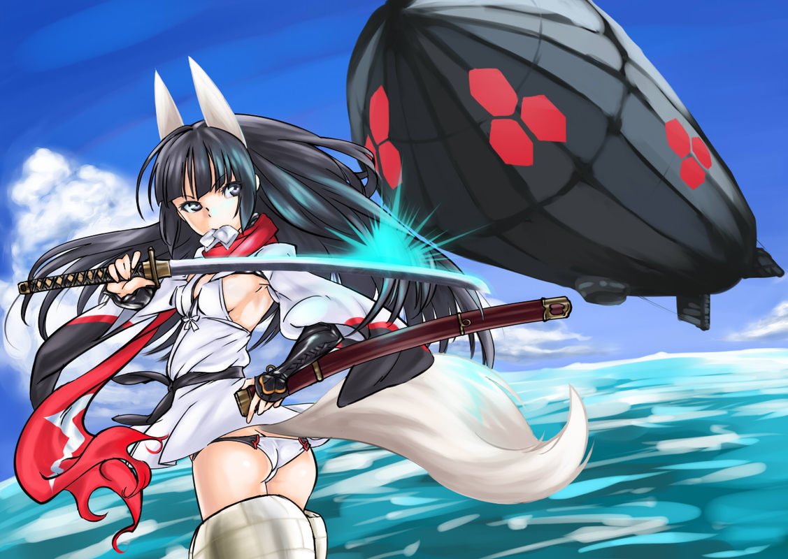 ass, bad_id, black_hair, fuyu_no_kiatsuhaichi, horns, mouth_hold, panties, strike_witches