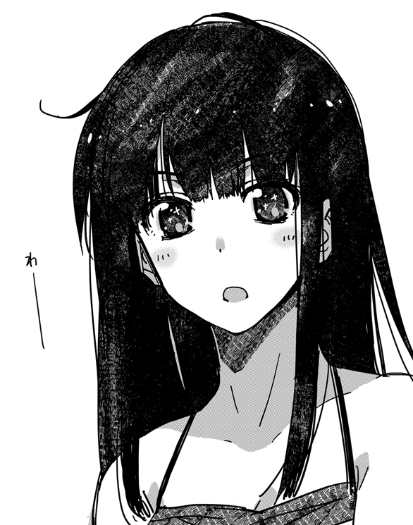 :o, bare_shoulders, black_hair, blush, copyright_request, greyscale, long_hair, looking_at_viewer