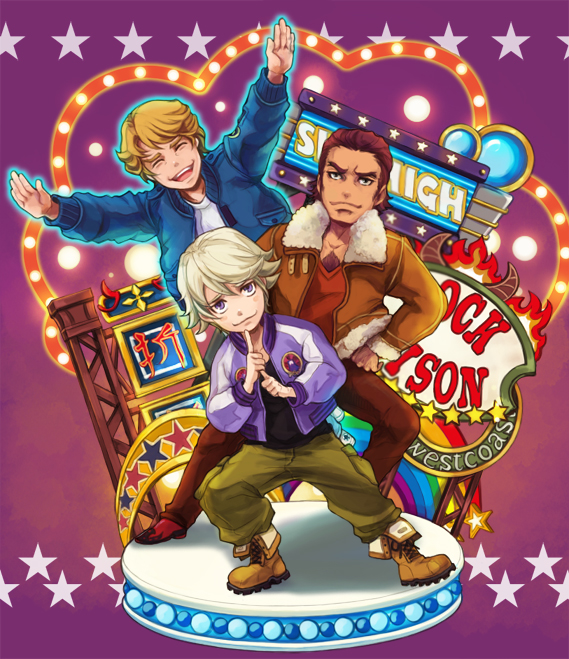 antonio_lopez, blonde_hair, blue_jacket, bomber_jacket, brown_hair, chest_hair, chibi, green_eyes
