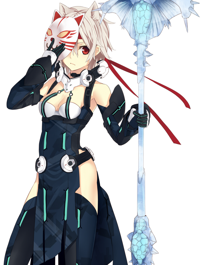 animal_ears, ballistic_coat, bare_shoulders, cat_ears, detached_sleeves, gloves, headband, looking_at_viewer, mask, phantasy_star, phantasy_star_online_2, red_eyes, roten_(rotenburo), simple_background, solo, staff, standing, thigh-highs, thighhighs, weapon, white_background, white_hair