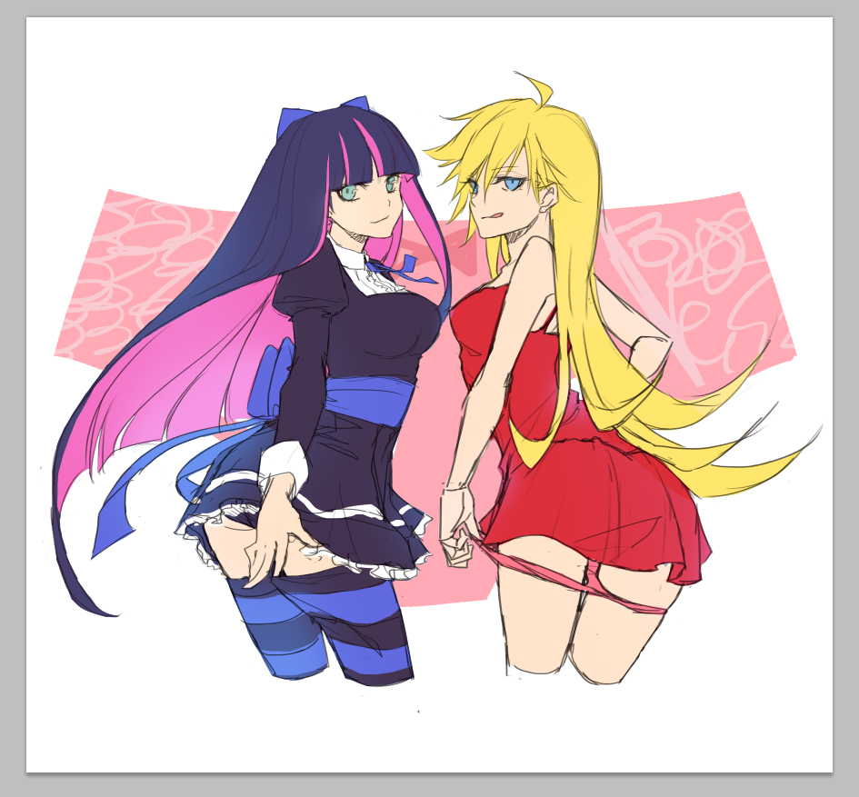 :q, blonde_hair, long_hair, multicolored_hair, multiple_girls, panties, panty_&amp;_stocking_with_garterbelt, panty_(psg)