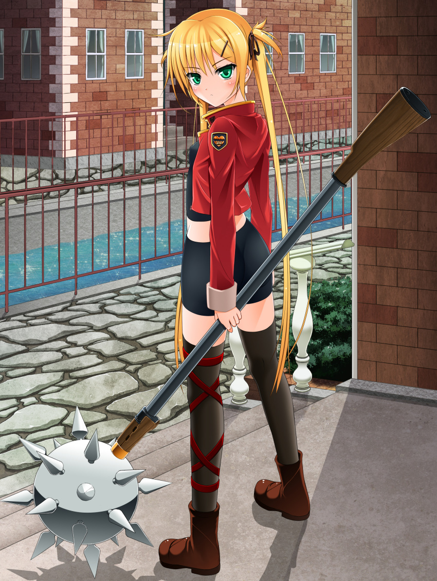 absurdres, black_legwear, blonde_hair, blue_eyes, cobblestone, green_eyes, highres, long_hair