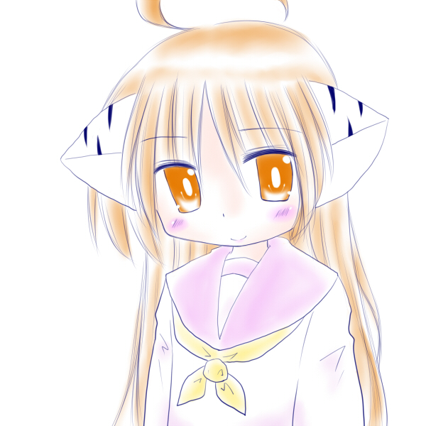 ahoge, animal_ears, blush, brown_eyes, brown_hair, cat_ears, cat_tail, flat_chest, haruka_(mad), long_hair, mad_(kusakabe), original, school_uniform, serafuku, simple_background, smile, solo, tail, white_background