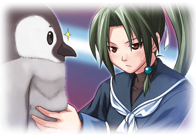 arcana_heart, bird, blush, brown_eyes, ending, game_cg, green_hair, hair_ribbon