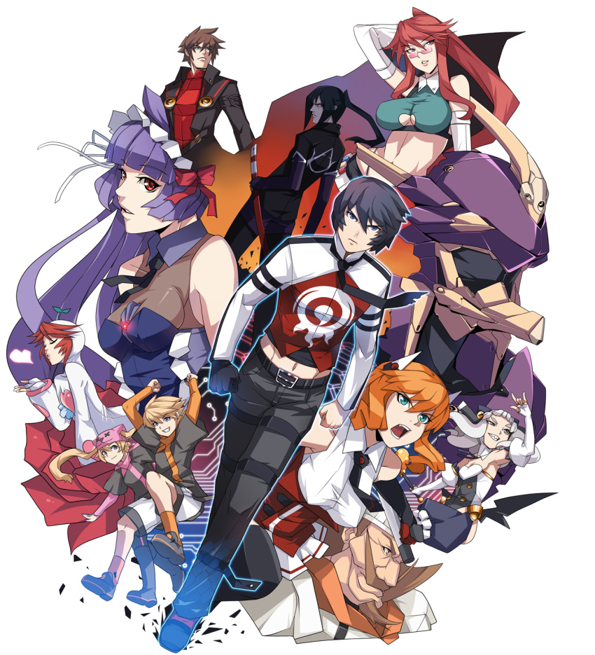 6+girls, \m/, animal_hat, armor, ban, bancerberus_(chaos_code), bare_shoulders, blonde_hair