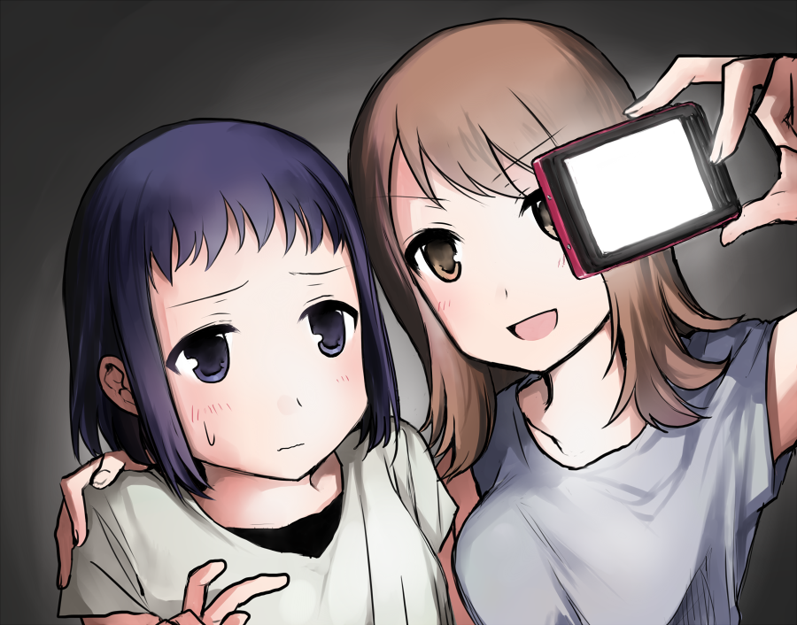 blue_eyes, blue_hair, blush, brown_eyes, brown_hair, camera, fukuyo_kouko, kokaji_sukoya