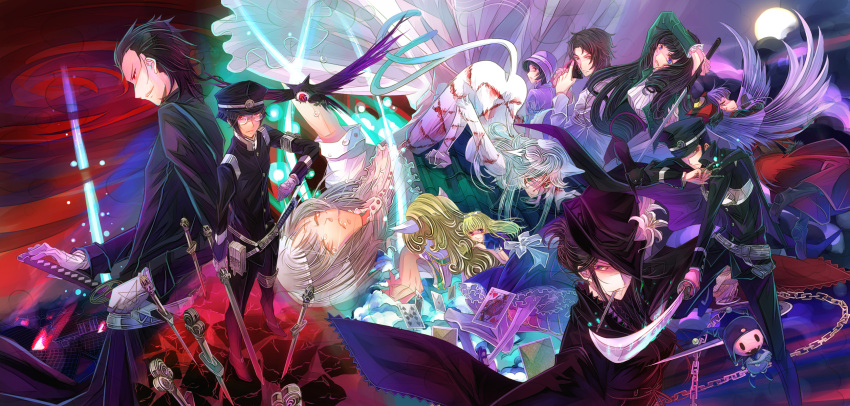 6+girls, alice_(megami_tensei), asakura_tae, ayame_(devil_summoner), back-to-back, belt, black_hair, blonde_hair