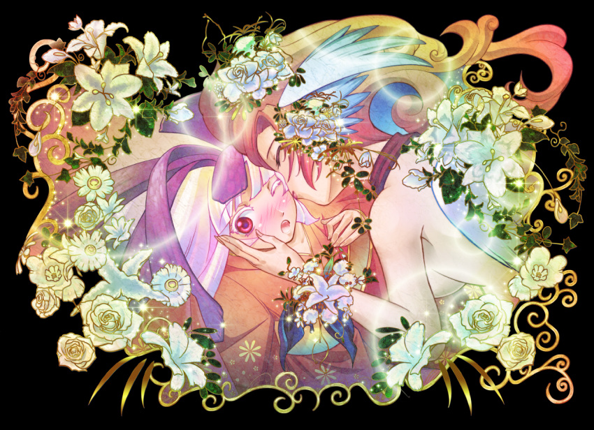 arcana_heart_3, black_background, blush, breasts, closed_eyes, eyes_closed, flower, hime_cut