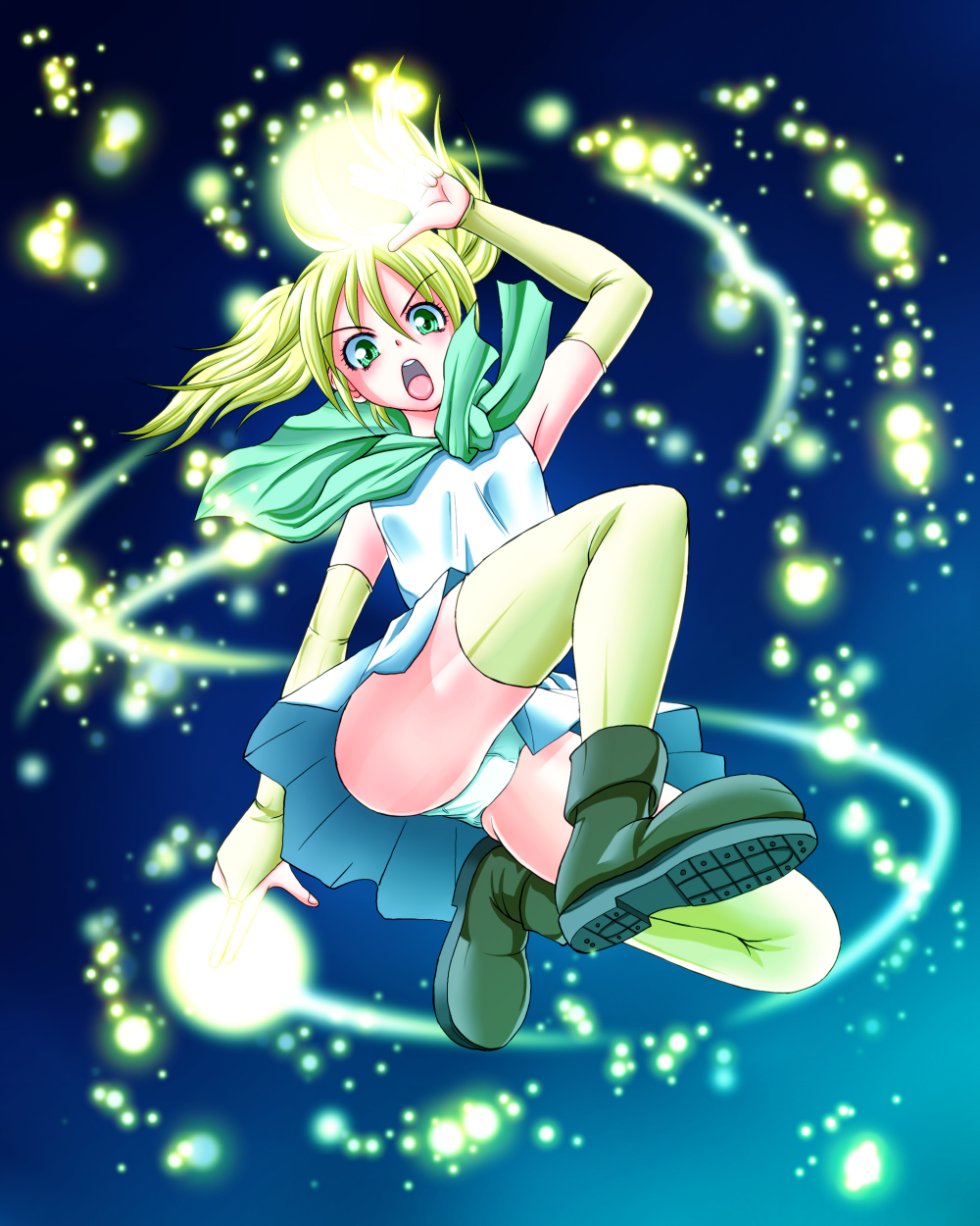 :o, blonde_hair, blue_background, bridal_gauntlets, from_below, green_eyes, highres, light_particles, magic, maria_short, panties, pantyshot, scarf, shiba_meiji, shirt, shoes, short_hair, short_twintails, skirt, solo, thigh-highs, thighhighs, twintails, underwear, white_panties, yellow_legwear, yuukyuu_gensoukyoku