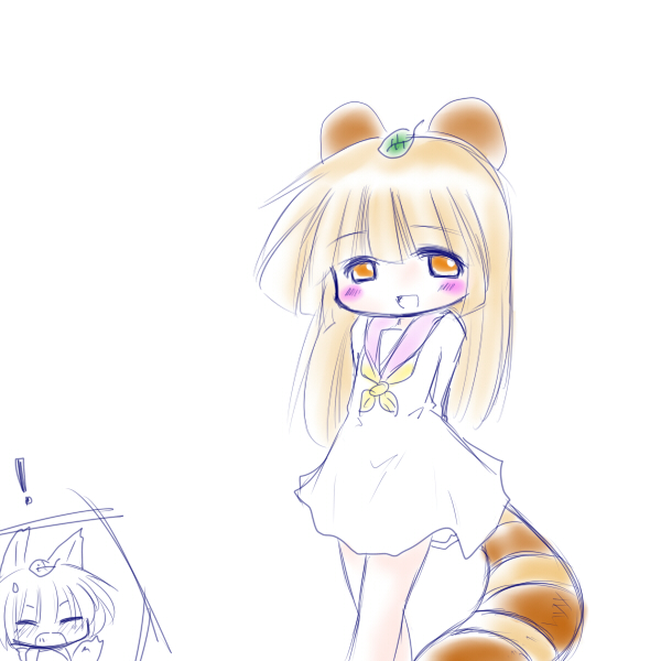 2girls, animal_ears, arms_behind_back, blush, brown_eyes, brown_hair, closed_eyes, eyes_closed