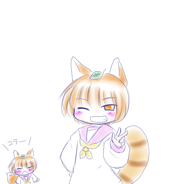 animal_ears, blush, brown_eyes, brown_hair, fox_ears, fox_tail, grin, leaf