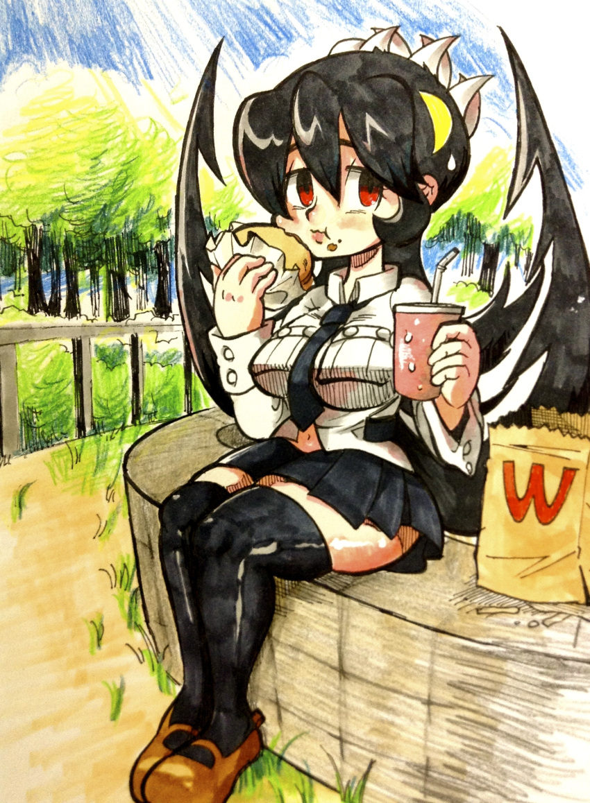absurdres, black_hair, black_legwear, breasts, eating, extra_mouth, faux_traditional_media, filia_(skullgirls)