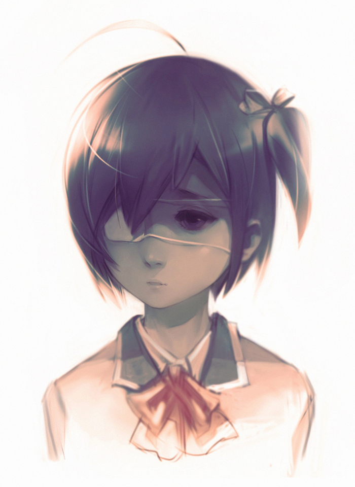 ahoge, chuunibyou_demo_koi_ga_shitai!, eyepatch, portrait, school_uniform, sepia, short_hair, side_ponytail, solo, takanashi_rikka, wack