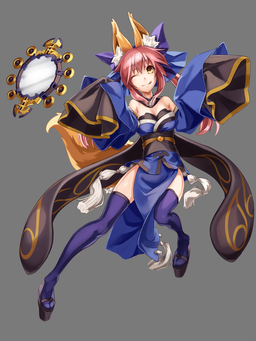 ;p, animal_ears, bare_shoulders, blue_legwear, bow, breasts, caster_(fate/extra), cleavage