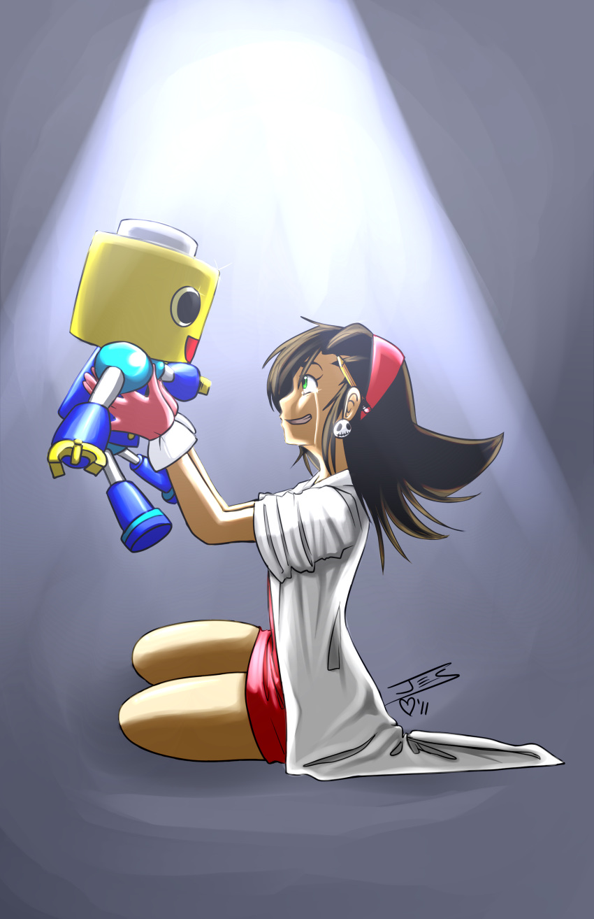 absurdres, brown_hair, crying, crying_with_eyes_open, earrings, green_eyes, hairband, highres, holding_up, jewelry, kobun, labcoat, lydi-lydi_(jes), minidress, rockman, rockman_dash, short_hair, skull, smile, tears, tron_bonne, tron_bonne_(lydilydi)
