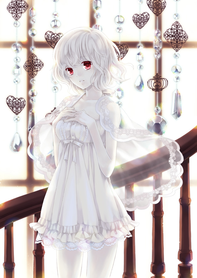albino, blonde_hair, capelet, crystal, dress, hands_on_own_chest, original, red_eyes, short_hair, solo, uzuki_eri, white_dress