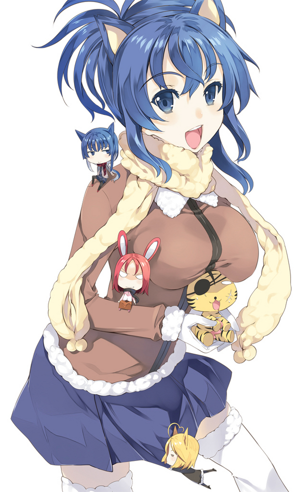 ahoge, animal_ears, blonde_hair, blue_eyes, blue_hair, breast_rest, breasts, breasts_on_head