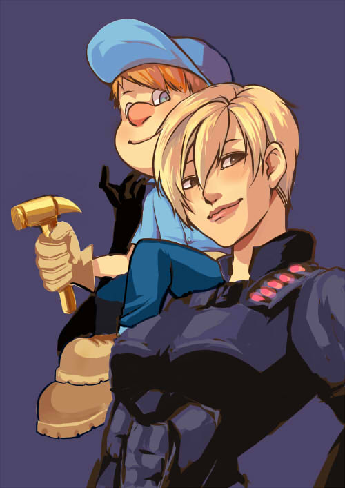 1girl, baseball_cap, blonde_hair, blue_eyes, bodysuit, brown_hair, couple, disney, fix-it_felix, fix-it_felix_jr, hammer, hat, height_difference, lips, nose, rishangsangan, short_hair, simple_background, smile, spoilers, tamora_jean_calhoun, wreck-it_ralph