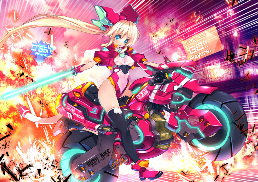 adult, anniversary, blonde_hair, blue_eyes, bow, energy_sword, explosion, fujishima-01, green_eyes, hair_bow, highres, long_hair, mechanization, motion_lines, motor_vehicle, motorcycle, neon_trim, plug, ponytail, rockman, rockman_(classic), roll, rush_(rockman), solo, sword, thigh-highs, thighhighs, vehicle, very_long_hair, weapon
