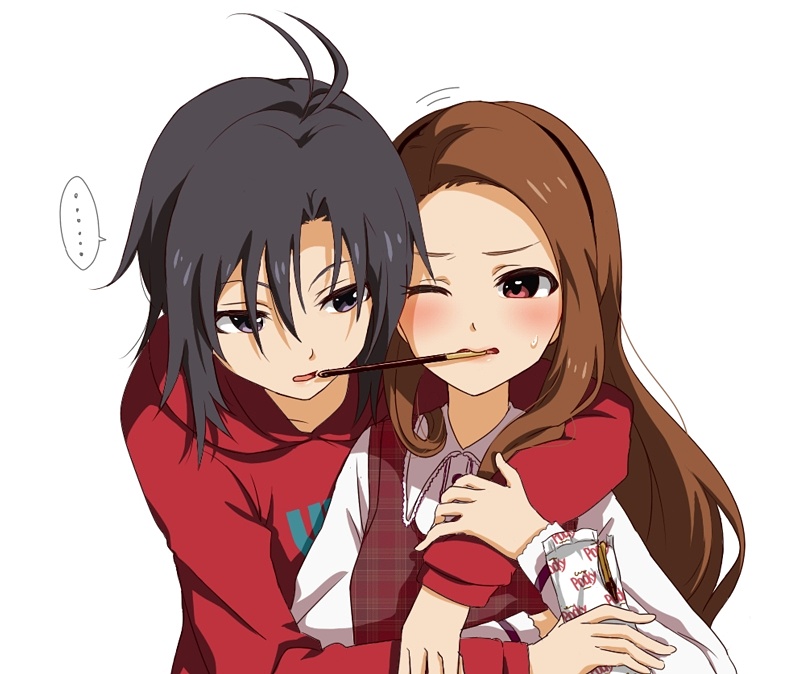 antenna_hair, black_eyes, black_hair, brown_eyes, brown_hair, hoodie, hug, hug_from_behind, idolmaster, kaho_(ramb), kikuchi_makoto, long_hair, long_sleeves, minase_iori, multiple_girls, pocky, pocky_kiss, purple_eyes, shared_food, short_hair, simple_background, speech_bubble, sweatdrop, violet_eyes, white_background, wink, yuri