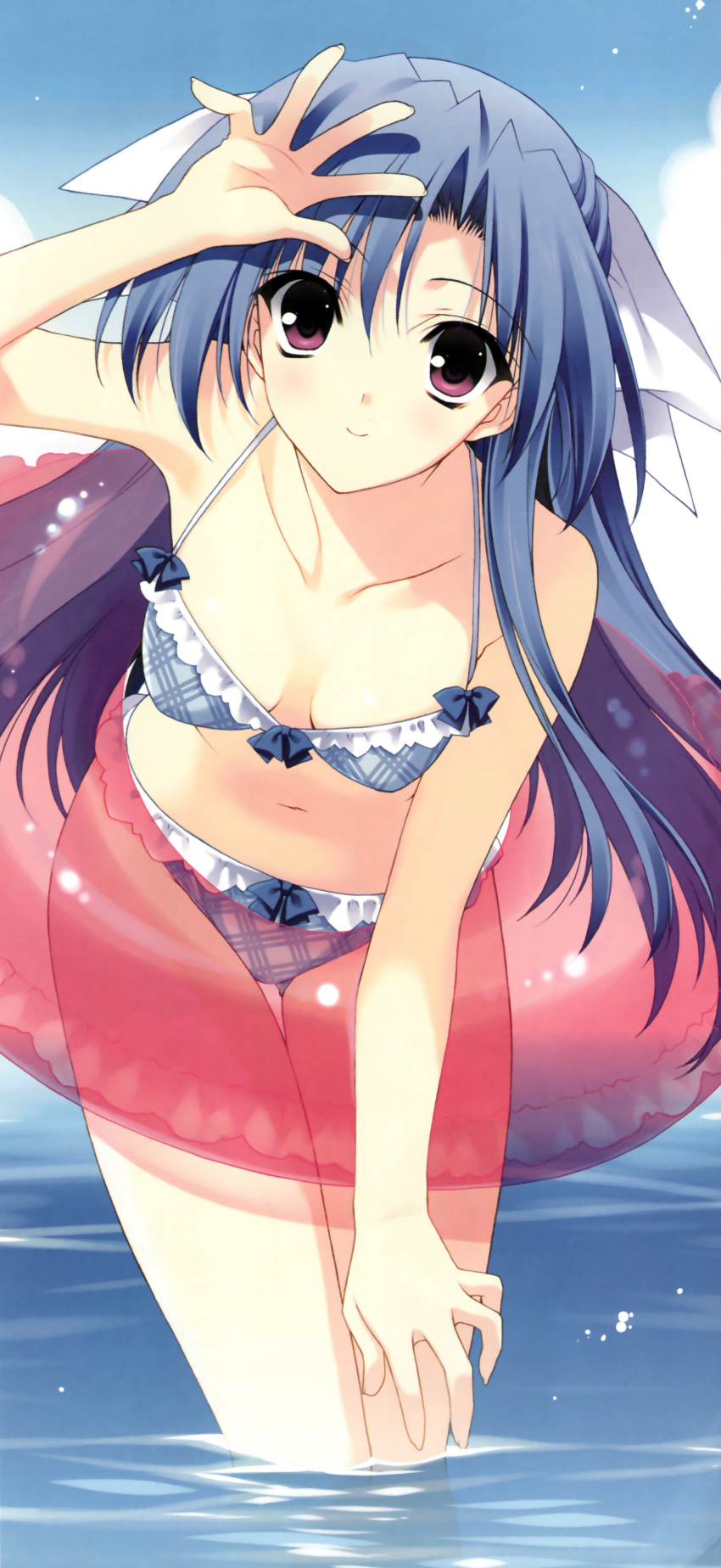 absurdres, bare_shoulders, bikini, blue_hair, blue_sky, breasts, cleavage, collarbone