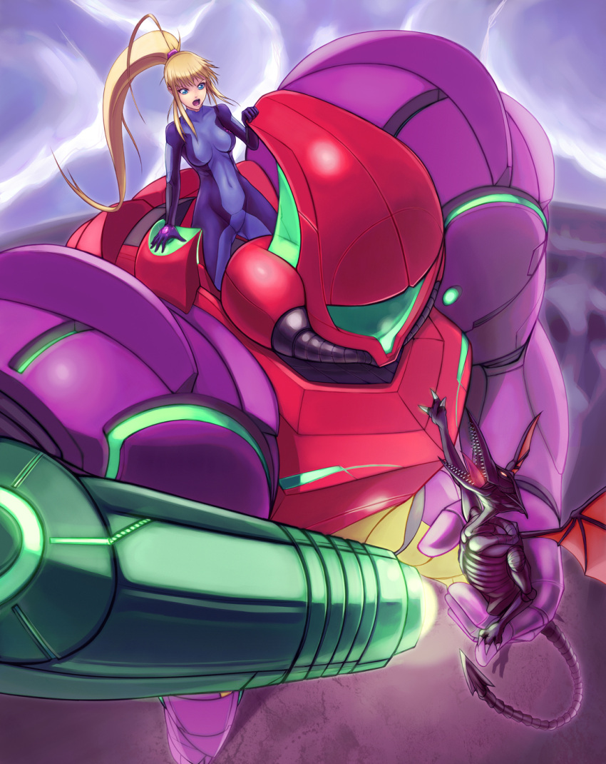 1girl, blue_eyes, female, gravity_suit, highres, hybridmink, mecha, metroid