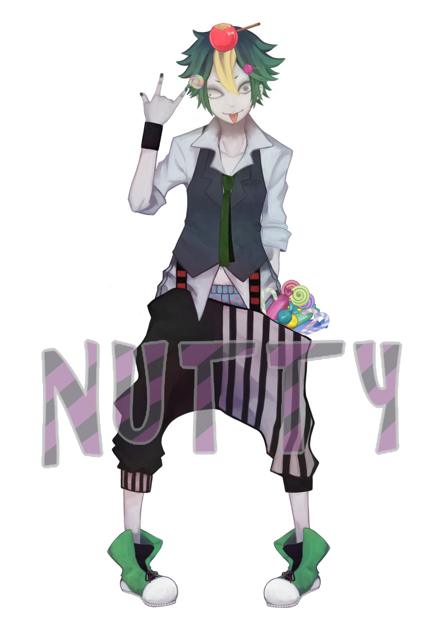 1boy, blonde_hair, boxers, candy, candy_apple, candy_cane, english, green_hair