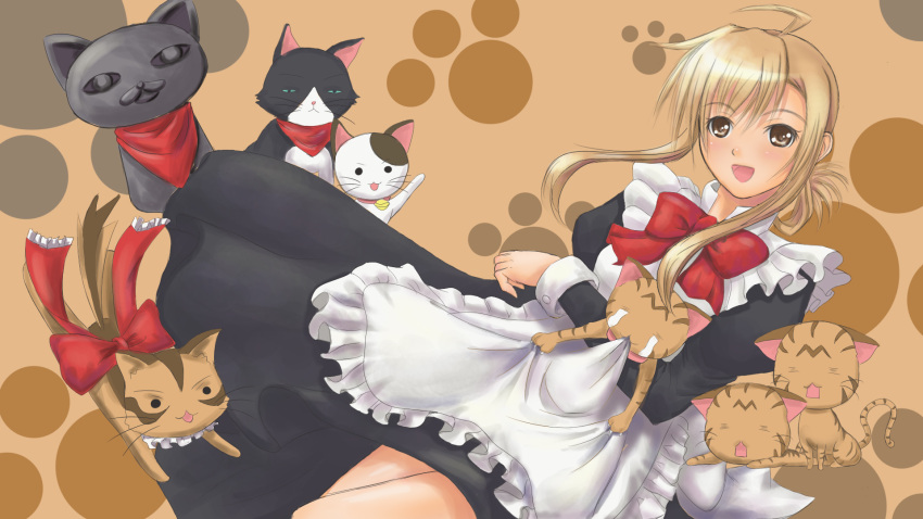 ahoge, bad_id, blonde_hair, bow, brown_eyes, cat, highres, josephine_(nyan_koi), maid, mizuno_kaede, mouth_hold, neckerchief, nyamsas, nyan_koi, nyan_koi!, smile, sola_(artist), sola_(sola04), statue, tama_(nyan_koi), tears, wallpaper, yellow_eyes
