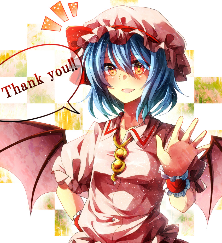 bat_wings, blue_hair, brooch, bust, english, fuuna_(conclusion), hand_on_hip, hat