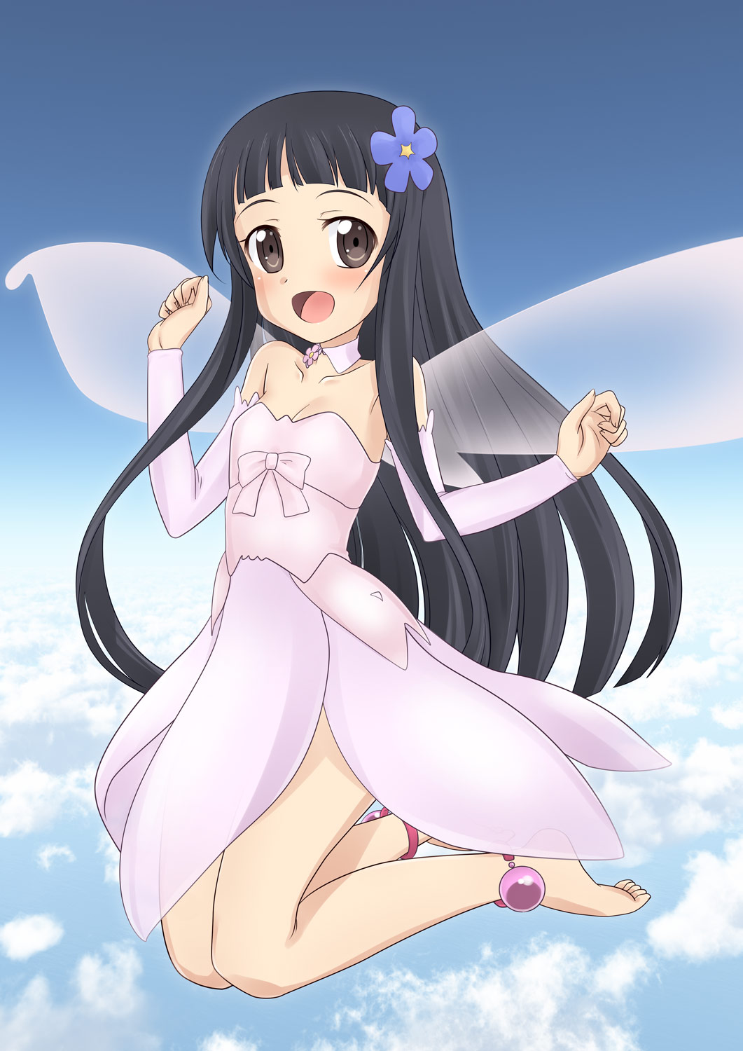 :d, barefoot, black_hair, brown_eyes, detached_sleeves, dress, fairy, fairy_wings, feet, flower, hair_flower, hair_ornament, highres, koyomisa, long_hair, open_mouth, smile, sword_art_online, wings, yui_(sao), yui_(sao-alo)