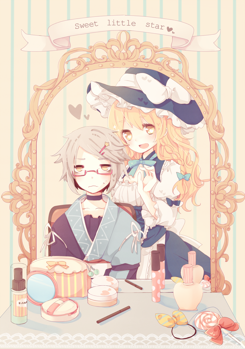1girl, blonde_hair, blush, bow, braid, candy, choker, cologne
