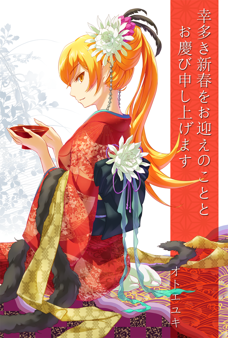 asa_no_ha_(pattern), blonde_hair, floral_print, japanese_clothes, kimono, long_hair, monogatari_(series), new_year, nisemonogatari, oshino_shinobu, profile, seigaiha, solo, torminal, yellow_eyes