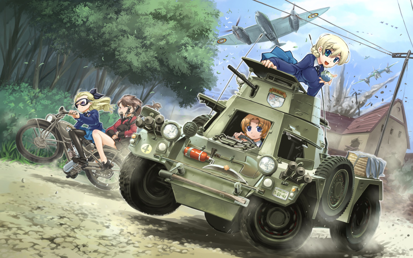 assam, bagpipes, blonde_hair, blue_eyes, bomber, breasts, closed_eyes, cup, darjeeling_(girls_und_panzer), dress_shirt, eyes_closed, ferret_scout_car, girls_und_panzer, hair_ribbon, highres, instrument, long_hair, military, military_vehicle, motor_vehicle, motorcycle, multiple_girls, orange_pekoe, r-ex, ribbon, school_uniform, shirt, short_hair, tank, teacup, thigh-highs, thighhighs, vehicle