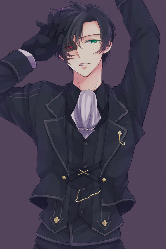 arms_up, black_hair, colored_eyelashes, cravat, facial_mark, formal, gloves, green_eyes, heterochromia, male, okmr, purple_background, red_eyes, smile, solo, suit, tales_of_(series), tales_of_xillia, tales_of_xillia_2, victor_(tales_of_xillia_2)
