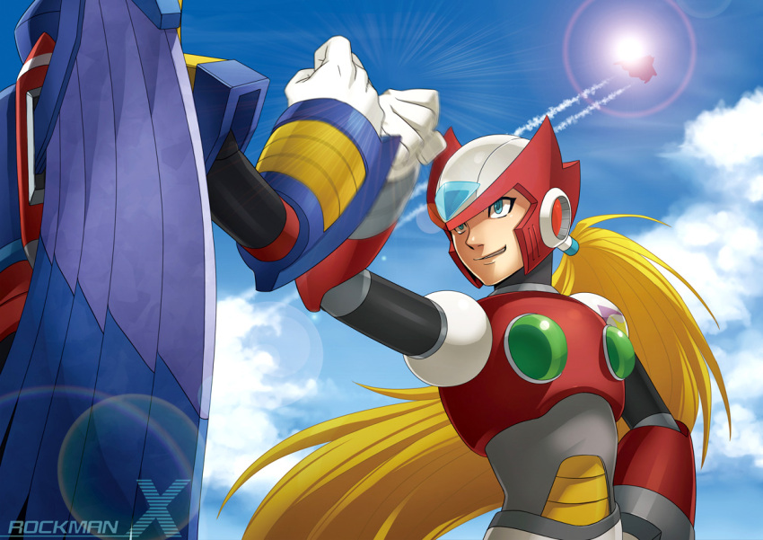 airplane, android, armor, back, blonde_hair, blue_eyes, helmet, jet, long_hair, mega_man_(series), mega_man_x_(series), metal_wings, multiple_boys, ponytail, robot, rockman, rockman_x, smile, storm_eagle, very_long_hair, wakky, wings, zero_(mega_man), zero_(rockman)