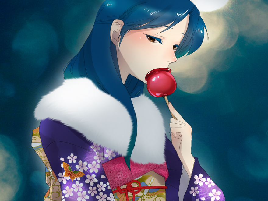 blue_hair, blush, brown_eyes, candy_apple, idolmaster, japanese_clothes, kimono, kisaragi_chihaya